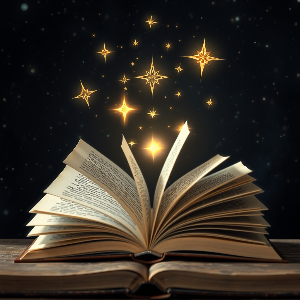 A photorealistic depiction of an open book with pages turning into stars, symbolizing the unfolding of truth. Soft, diffused light illuminates the book, highlighting the intricate details of the pages and the celestial bodies. The background is a dark, starry sky, emphasizing the vastness of knowledge. Style: A blend of classical and surreal elements. Technical specs: 4K resolution, high quality, depth of field.