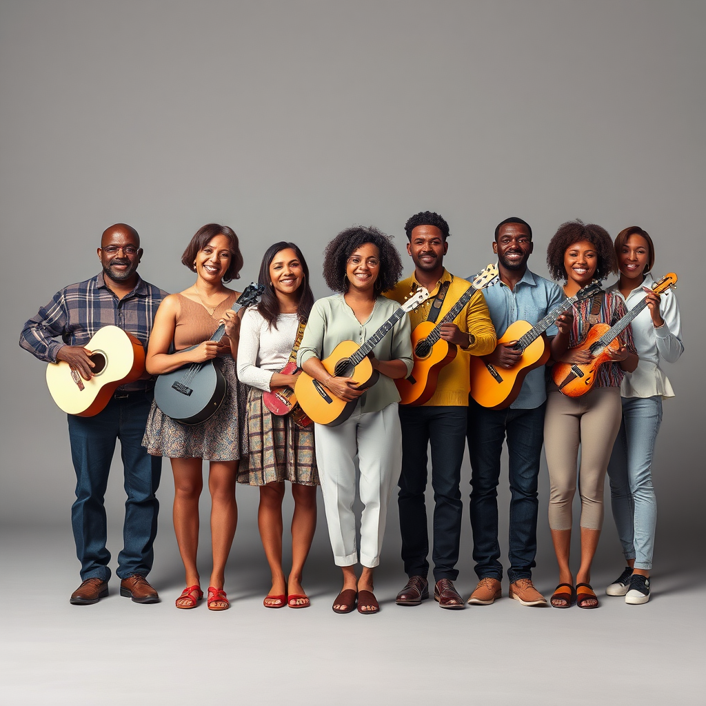 A photorealistic image depicting a diverse group of artists standing in a row, each holding a different instrument or piece of art. Each artist has a unique expression and style. The background is a neutral gray, allowing the artists to stand out. The color palette is varied and representative of the artists' diverse backgrounds. The lighting is soft and natural, highlighting the artists' faces. The camera angle is a medium shot, showing the artists from the waist up. The textures should be realistic and detailed, capturing the nuances of each artist's clothing and instrument. Style: Diverse, inclusive, authentic. Resolution: High quality, 4K.