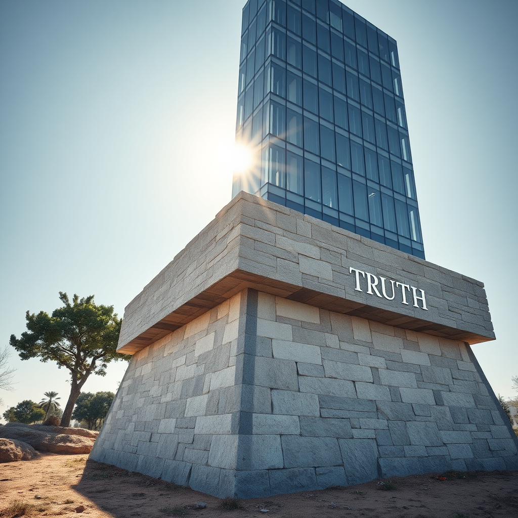 A photorealistic image depicting a sturdy, ancient stone foundation supporting a modern, glass building. The foundation symbolizes truth, while the building represents progress and innovation. Sunlight illuminates the structure, highlighting its strength and resilience. Style: A blend of classical and modern architectural elements. Technical specs: 4K resolution, high quality, wide-angle lens.