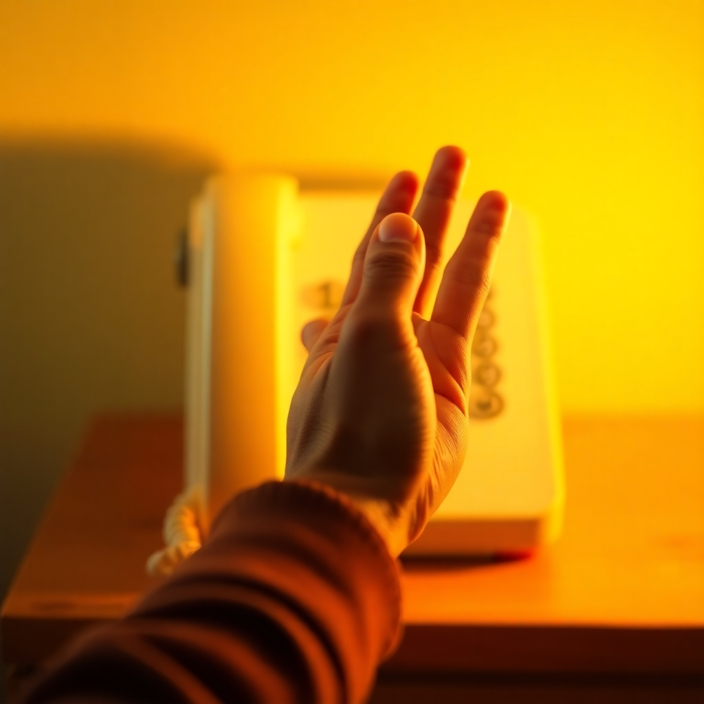 A photorealistic image depicting a person's hand reaching out to answer a ringing telephone, symbolizing a call to action. The hand is positioned in the foreground, with the telephone slightly out of focus in the background. The lighting is soft and inviting, creating a sense of urgency and opportunity. The color palette is warm and welcoming, with shades of yellow, orange, and brown.