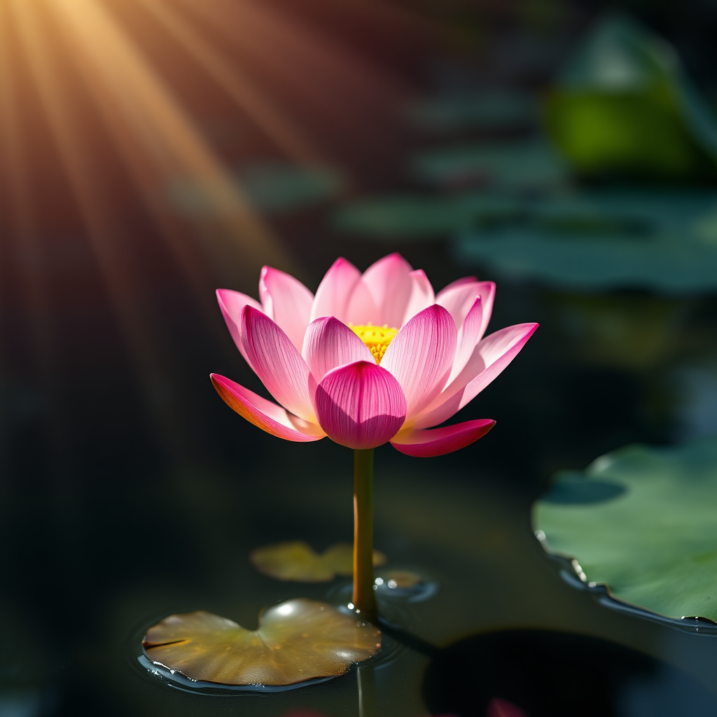 A photorealistic image of a blooming lotus flower emerging from murky water, symbolizing the transcendence of beauty. The flower is perfectly formed and brightly colored, contrasting with the dark water below. Sunlight streams down, highlighting the flower's delicate petals. The background is blurred, creating a sense of depth and focus. Style: Vibrant colors and sharp details. Technical specs: 4K resolution, high quality, macro lens effect.