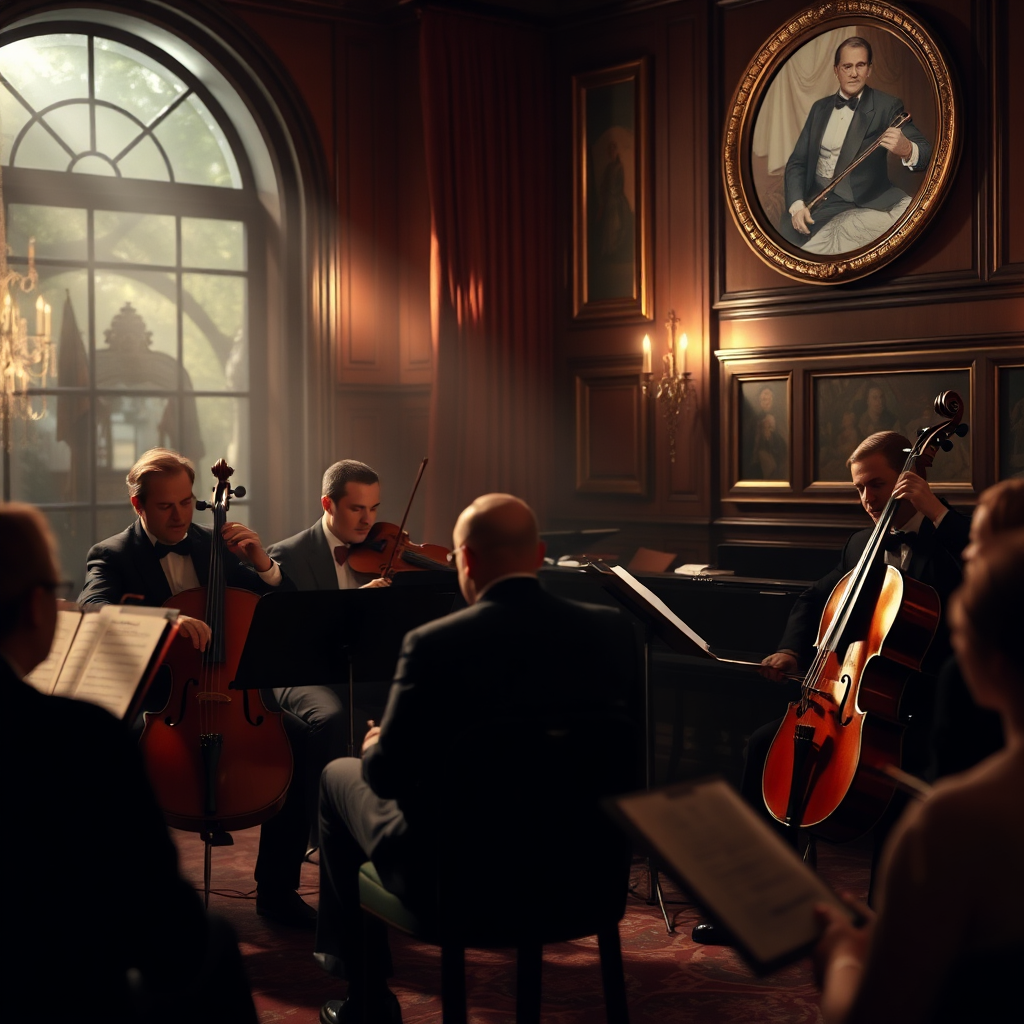 A photorealistic image of a classical music performance at the club. The scene should be elegant and refined, with a focus on the musicians and their instruments. The lighting should be soft and atmospheric, creating a sense of enchantment and artistic appreciation.