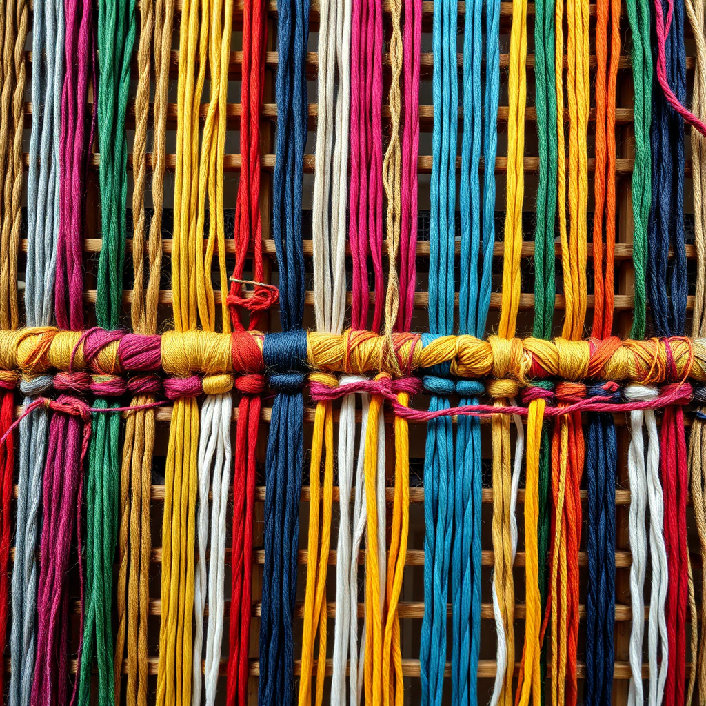 A photorealistic image of a colorful tapestry woven with threads from different cultures around the world. The tapestry represents the richness and diversity of human culture. The threads are intricately woven together, symbolizing interconnectedness and unity. Style: A vibrant and detailed representation of cultural heritage. Technical specs: 4K resolution, high quality, macro lens effect.