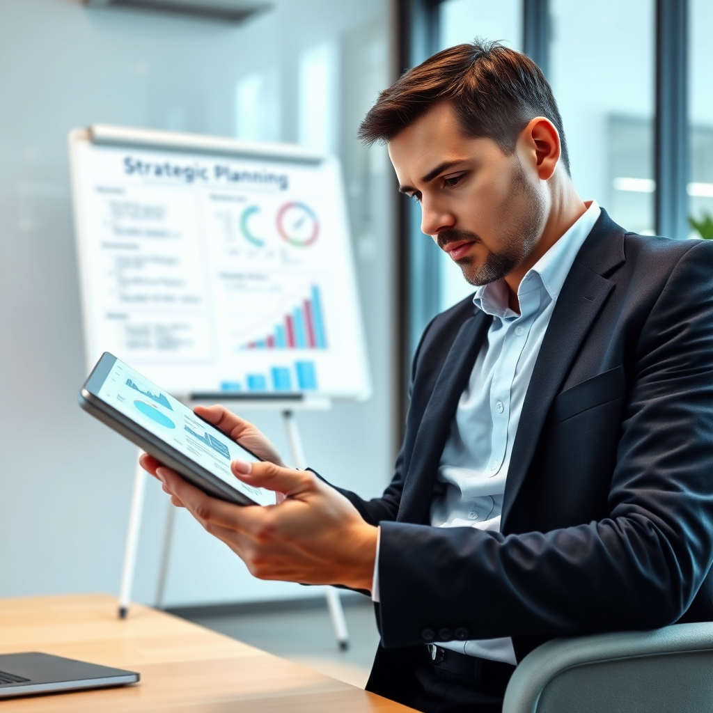 A photorealistic image of a consultant analyzing data on a tablet, with graphs and charts overlaid on the screen. The background features a modern office environment with a whiteboard displaying strategic planning notes. The image should convey expertise and data-driven decision-making. Use a cool color palette of blues and grays.