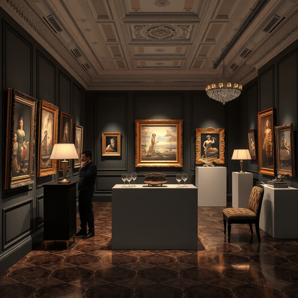 A photorealistic image of a curated art exhibition at the club. The scene should be sophisticated and refined, with a focus on the artwork and the elegant display. The lighting should be carefully controlled to highlight the beauty and detail of the art, creating a sense of awe and appreciation.