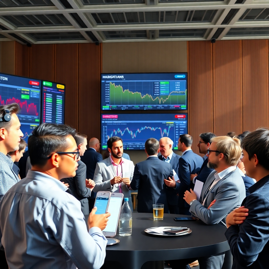 A photorealistic image of a diverse group of investors networking and collaborating at a financial conference. The investors are engaged in lively discussions, exchanging ideas and insights. The scene is set in a modern conference room, with large screens displaying market data and financial news. The lighting is bright and natural, creating a sense of community and collaboration.