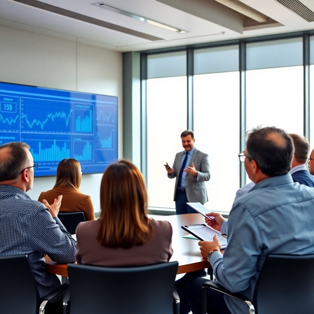 A photorealistic image of a financial advisor giving a presentation to a group of investors, explaining complex financial concepts in a clear and concise manner. The investors are engaged and attentive, asking questions and taking notes. The scene is set in a modern conference room, with large screens displaying charts and data. The lighting is bright and natural, creating a sense of openness and transparency.