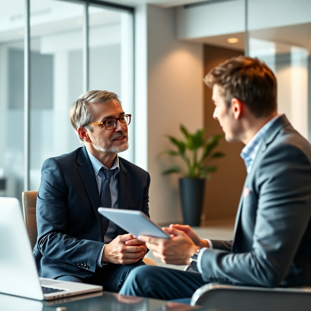 A photorealistic image of a financial advisor providing personalized investment advice to a client in a modern office environment. The advisor is listening attentively to the client's needs and offering tailored solutions. The lighting is soft and warm, creating a sense of trust and understanding. The color palette is professional and sophisticated, with shades of gray, blue, and white.