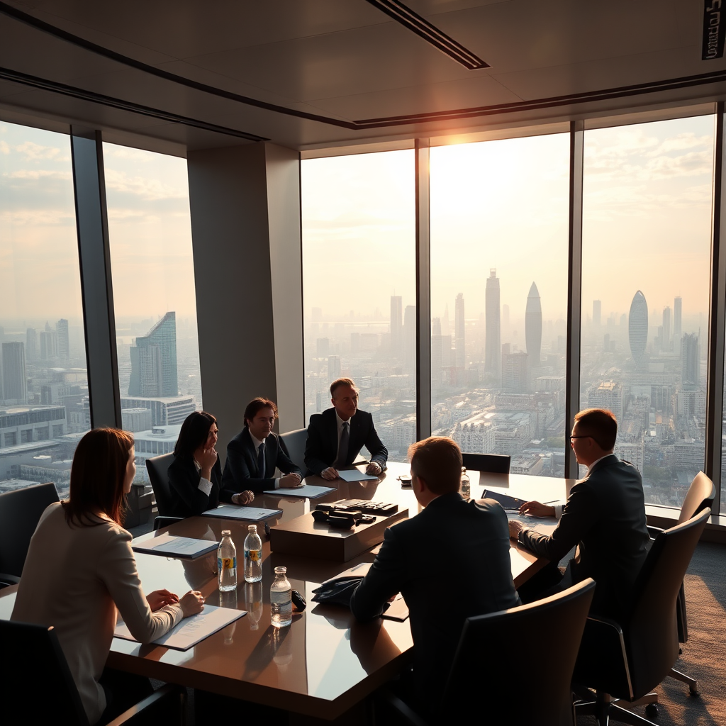 A photorealistic image of a modern boardroom with panoramic views of the Guangzhou skyline. The scene should be bathed in natural light, with a focus on a group of executives engaged in a strategic discussion. The image should convey a sense of professionalism, innovation, and forward-thinking leadership.