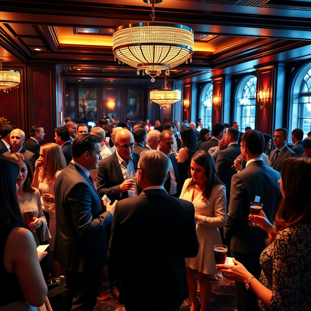 A photorealistic image of a networking event taking place in a luxurious club setting. People are engaged in conversations, exchanging business cards, and enjoying refreshments. The lighting is warm and inviting, creating a sense of connection and opportunity. The color palette should be vibrant and dynamic.