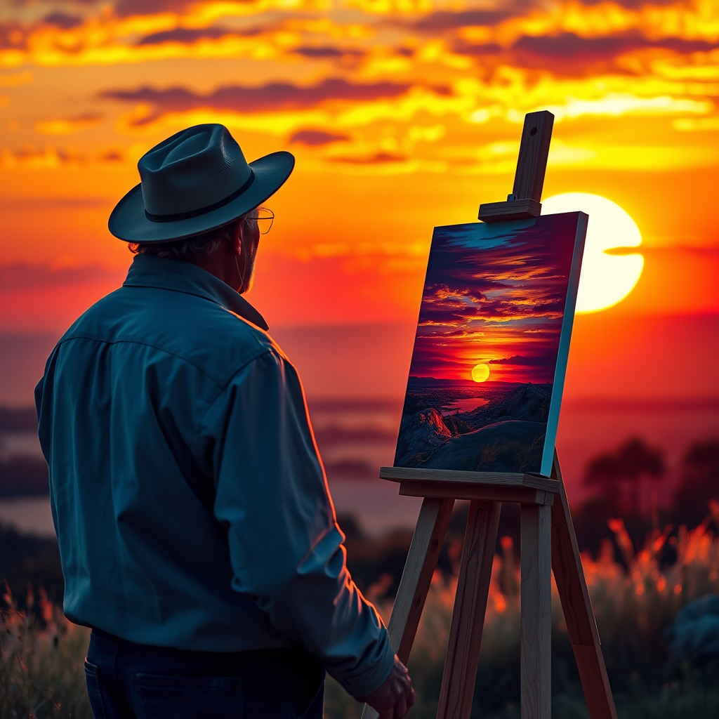 A photorealistic image of a painter standing before an easel, capturing the beauty of a sunset landscape. The painter is inspired by the vibrant colors and dramatic light of the sunset. The painting on the easel reflects the beauty of the scene. Style: Impressionistic style with loose brushstrokes and vibrant colors. Technical specs: 4K resolution, high quality, shallow depth of field.