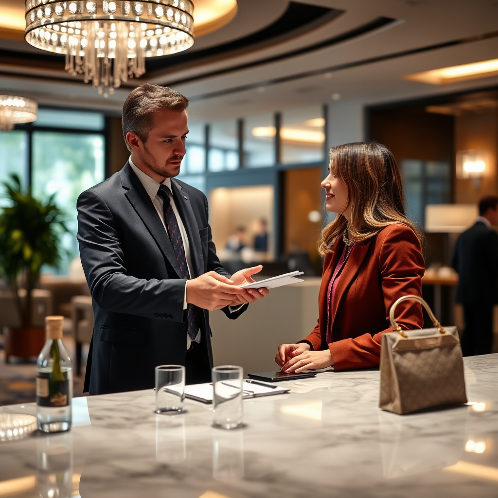 A photorealistic image of a personalized concierge service at the club. The scene should feature a concierge assisting a member with their travel arrangements or recommending local attractions. The lighting should be bright and professional, conveying a sense of efficiency and personalized attention.