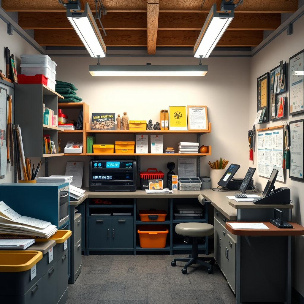 A photorealistic image of a resource center within the club, showcasing various tools and information available to members. The scene should be organized and efficient, with a focus on accessibility and convenience. The lighting should be bright and professional, conveying a sense of productivity and resourcefulness.