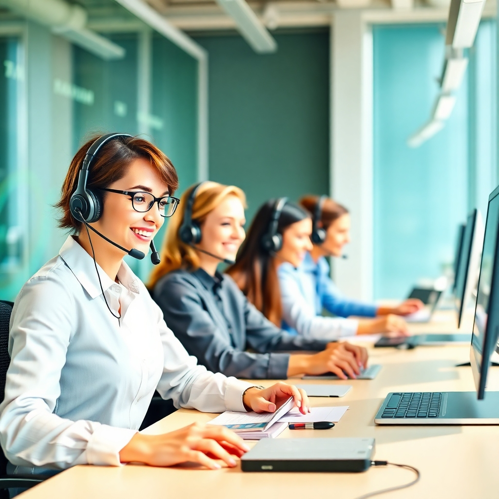 A photorealistic image of a team of customer support representatives answering phone calls and responding to emails in a modern office environment. The representatives are friendly and helpful, providing excellent service to their clients. The lighting is bright and natural, creating a sense of professionalism and competence. The color palette is warm and welcoming, with shades of blue, green, and white.