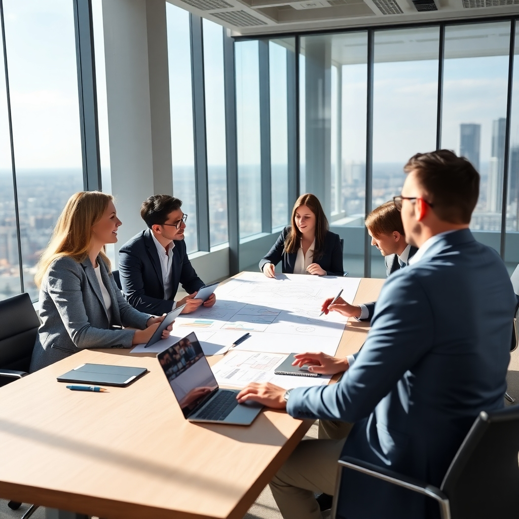 A photorealistic image of a team of consultants collaborating around a table, brainstorming strategic solutions for a high-tech company. The scene is set in a modern office environment, with large windows overlooking a cityscape. The consultants are engaged in a lively discussion, using whiteboards and laptops to visualize their ideas. The lighting is bright and natural, creating a sense of energy and innovation. The color palette is professional and sophisticated, with shades of gray, blue, and white.