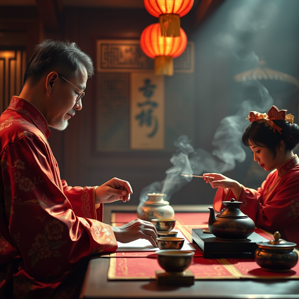 A photorealistic image of a traditional Chinese art performance (e.g., calligraphy, tea ceremony) taking place at the club. The scene should be elegant and refined, with a focus on the artistry and cultural significance of the event. The lighting should be soft and atmospheric, creating a sense of tranquility and appreciation. Use a color palette of rich reds, golds, and earth tones.