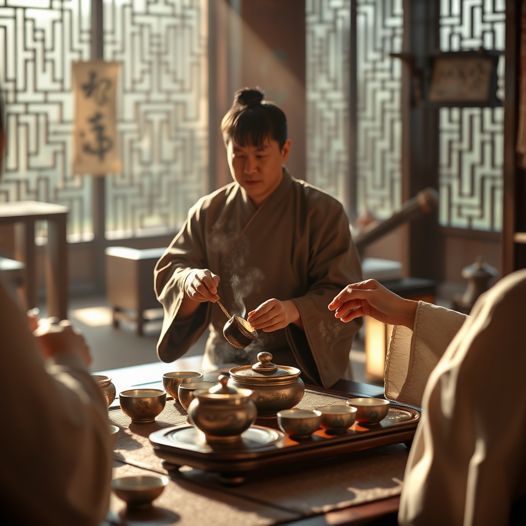 A photorealistic image of a traditional Chinese tea ceremony taking place within the club. The scene should be serene and peaceful, with a focus on the intricate details of the tea set and the graceful movements of the tea master. The lighting should be soft and warm, creating a sense of tranquility and cultural immersion.