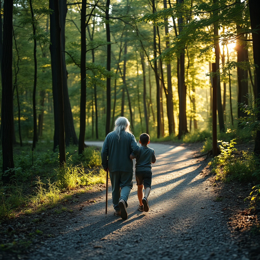 A photorealistic image of a wise elder guiding a younger person along a winding path through a forest. Sunlight filters through the trees, creating a sense of peace and tranquility. The path symbolizes the journey of life, and the elder represents guidance and wisdom. Style: Soft, natural lighting and earthy tones. Technical specs: 4K resolution, high quality, shallow depth of field.