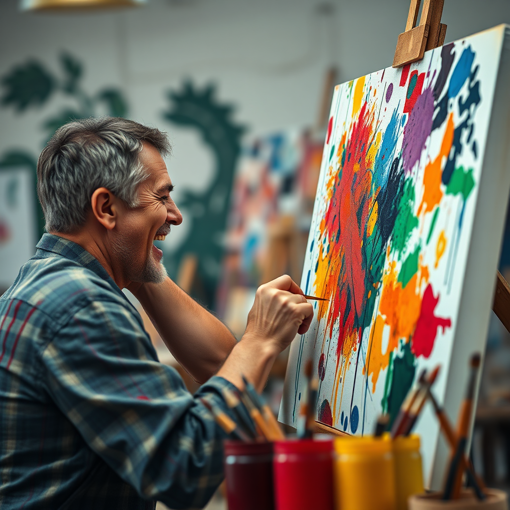 A photorealistic image of an artist passionately painting on a canvas, surrounded by colorful paints and brushes. The canvas is filled with vibrant colors and expressive brushstrokes. The artist's face is illuminated with inspiration. Style: A dynamic and expressive representation of artistic creativity. Technical specs: 4K resolution, high quality, shallow depth of field.