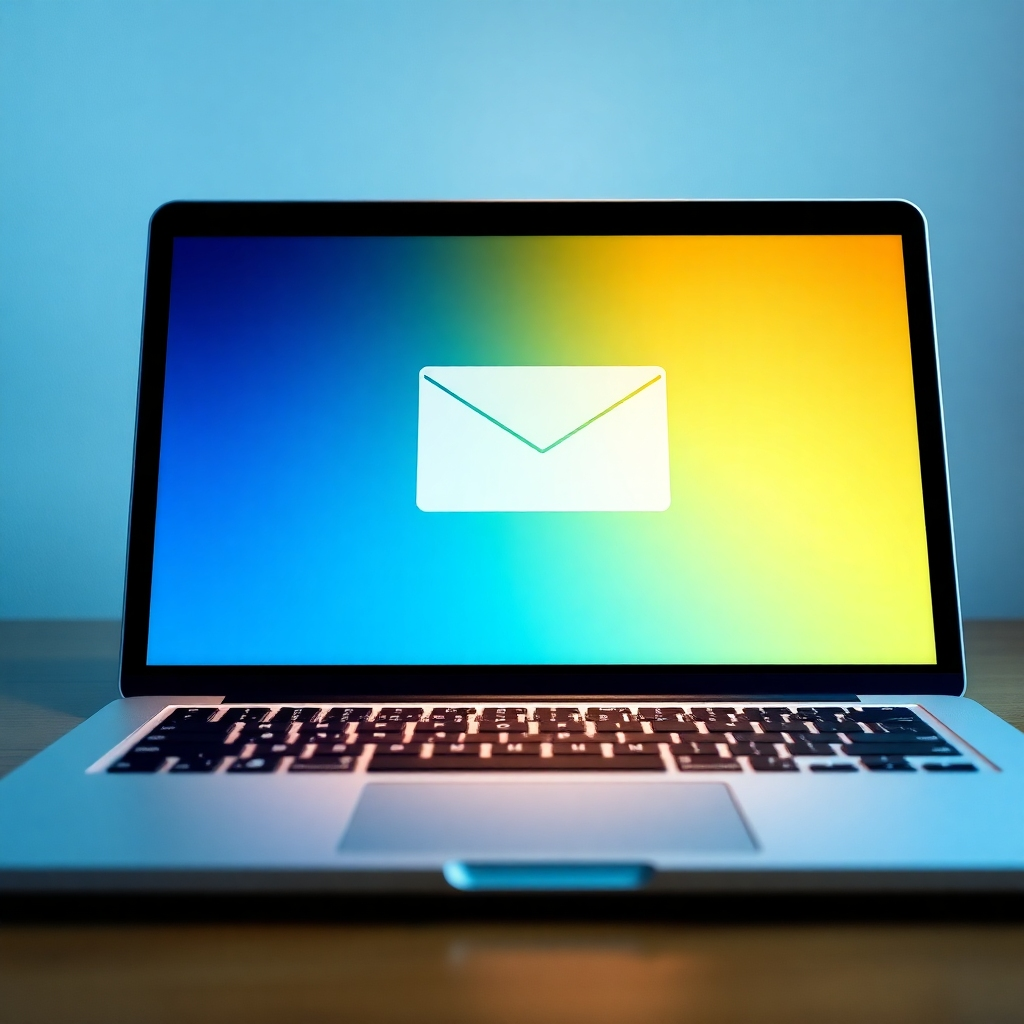 A photorealistic image of an open laptop with an email application displayed on the screen, symbolizing online communication. The email message is addressed to 亚投财富, expressing interest in their services. The lighting is soft and inviting, creating a sense of accessibility and responsiveness. The color palette is professional and trustworthy, with shades of blue, green, and white.