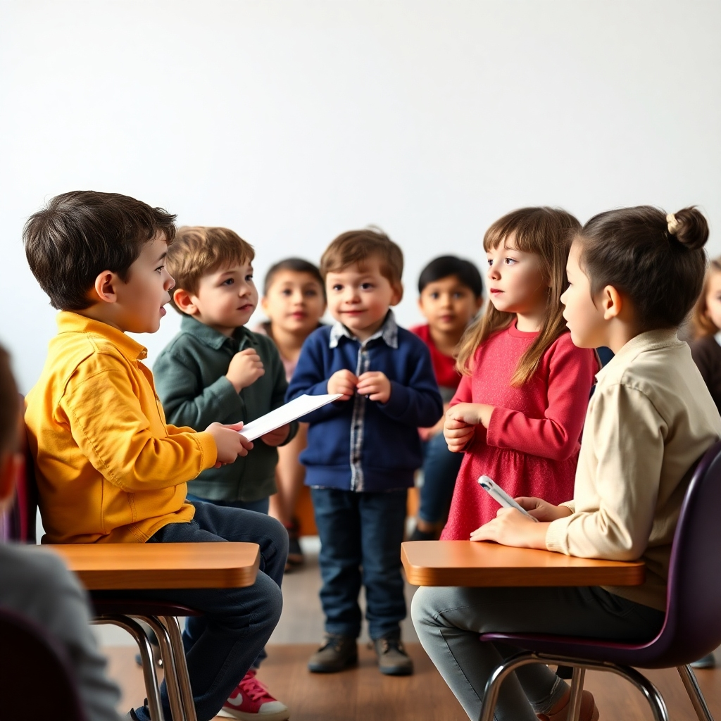 A photorealistic image of children participating in a mock debate. They are confidently presenting arguments and engaging with each other. Consider a style inspired by TED talks.