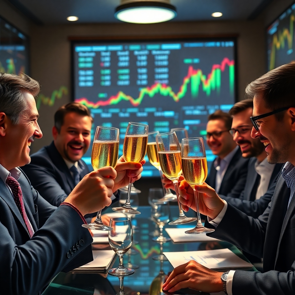 A photorealistic image of investors clinking champagne glasses in celebration, with a backdrop of financial data streams projected onto the walls. Focus on the joyous expressions and the sense of accomplishment.