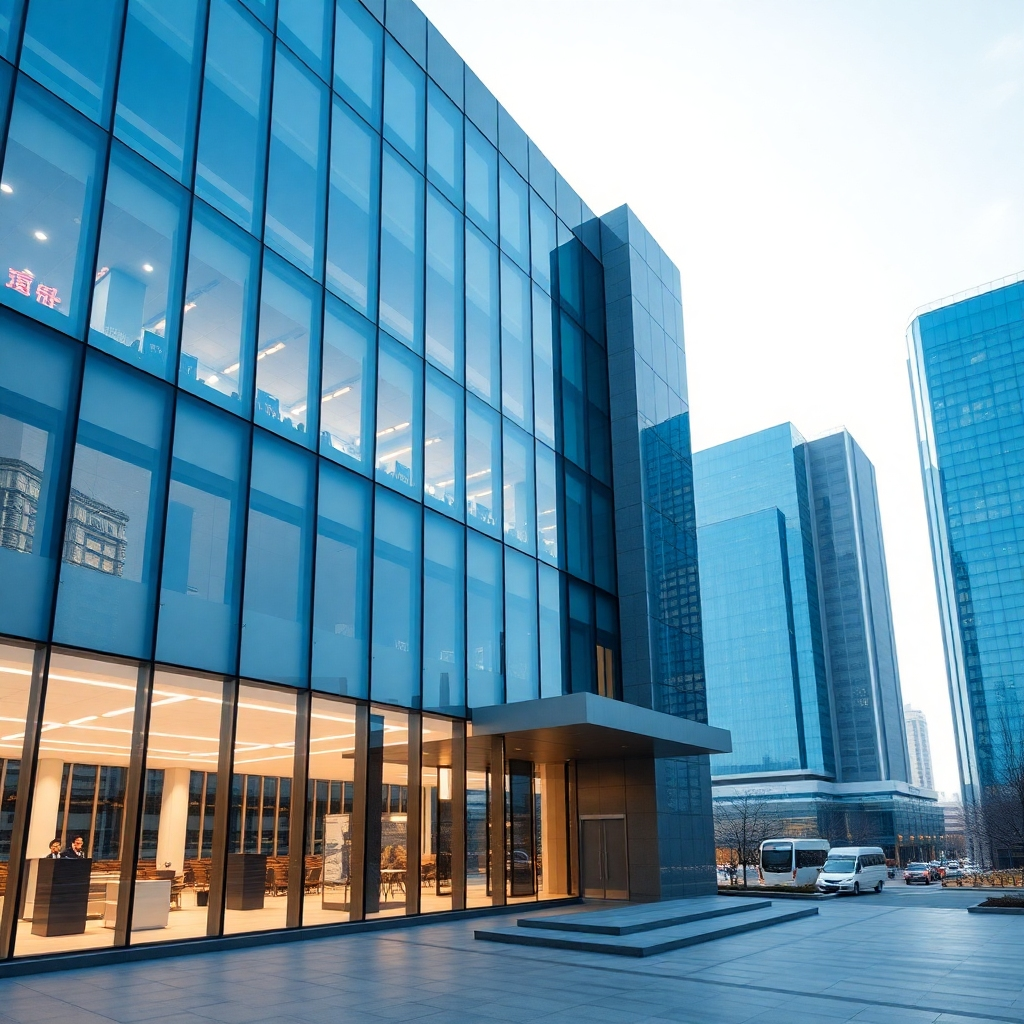 A photorealistic image of the exterior of 亚投财富's office building in the Zhongguancun Science Park in Beijing. The building is modern and impressive, with large windows overlooking a bustling cityscape. The lighting is bright and natural, highlighting the architectural details of the building. The color palette is professional and sophisticated, with shades of gray, blue, and white.