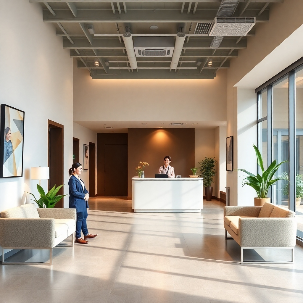 A photorealistic image of the interior of 亚投财富's office lobby, with a friendly receptionist welcoming visitors. The lobby is modern and inviting, with comfortable seating and artwork on the walls. The lighting is soft and warm, creating a sense of hospitality and professionalism. The color palette is neutral and welcoming, with shades of gray, beige, and cream.