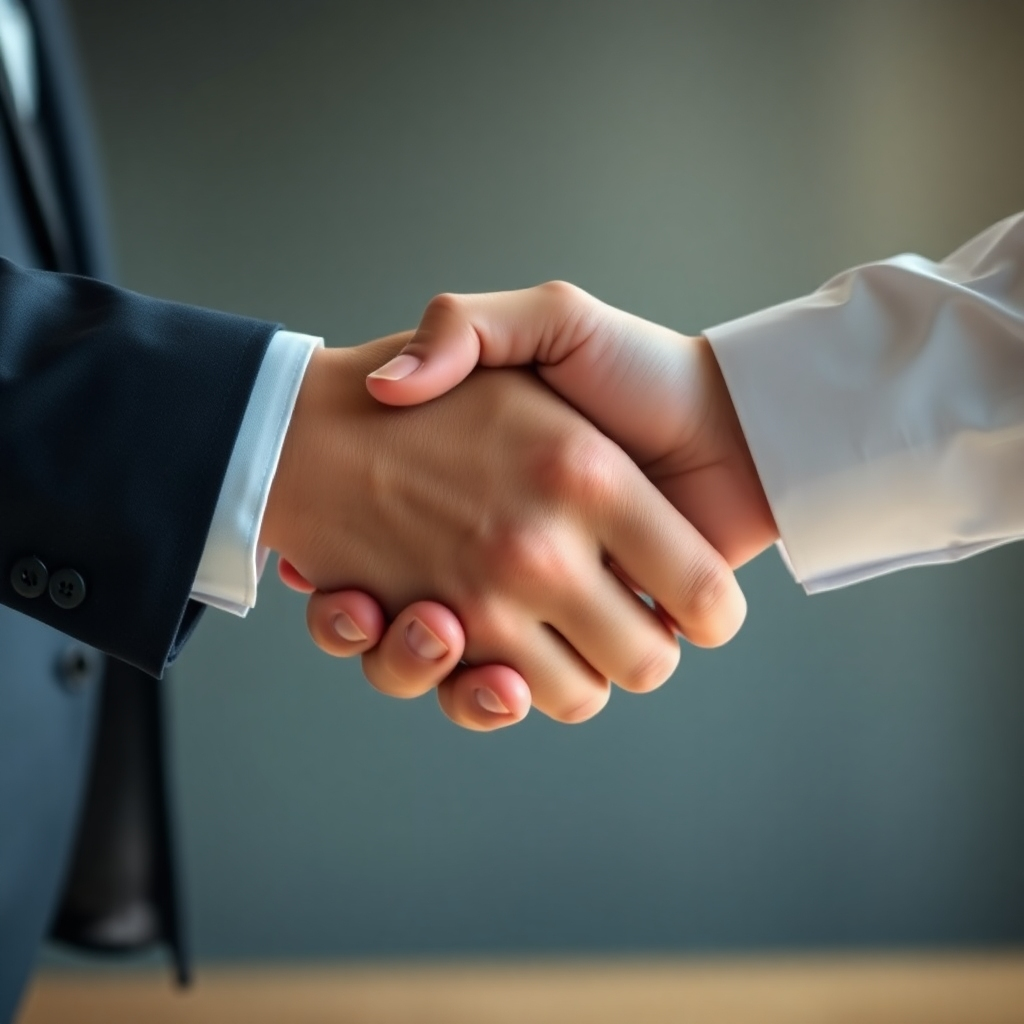 A photorealistic image of two hands shaking firmly, symbolizing a long-term partnership between 亚投财富 and its clients. The hands are clasped in a gesture of trust and collaboration. The background is blurred, focusing attention on the handshake. The lighting is soft and warm, creating a sense of intimacy and connection. The color palette is neutral and professional, with shades of gray, blue, and white.