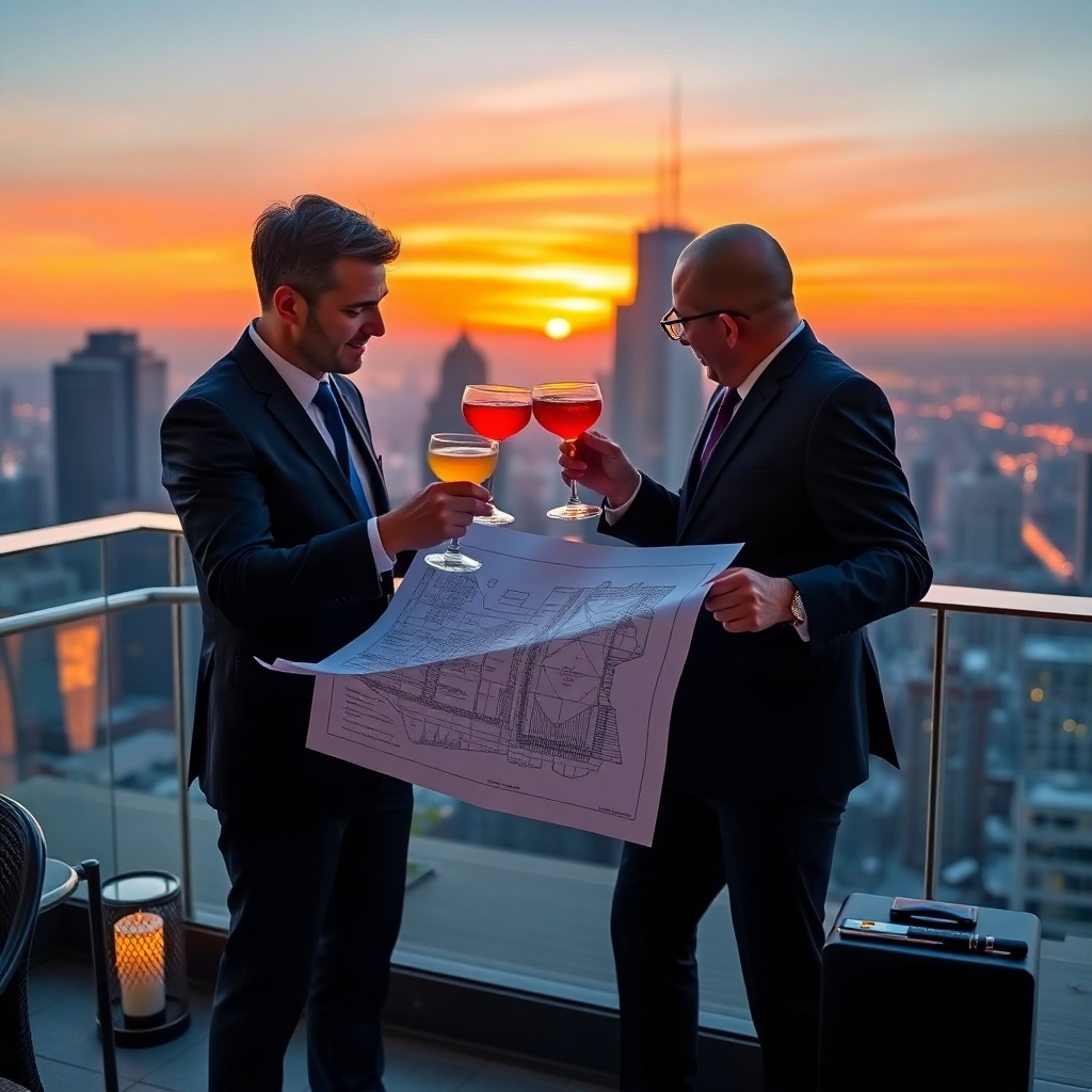 A photorealistic image of two business executives reviewing a blueprint of a skyscraper while toasting with cocktails on a rooftop bar at sunset, symbolising their partnership and success.