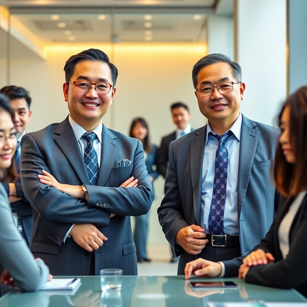 A photorealistic image of two distinguished gentlemen, Mr. Xiong and Mr. Shi, leading a team of financial professionals in a modern office environment. The scene should convey a sense of leadership, experience, and expertise. The lighting is warm and inviting, highlighting the confident and approachable demeanor of the leaders. The color palette is professional and sophisticated, with shades of gray, blue, and gold.