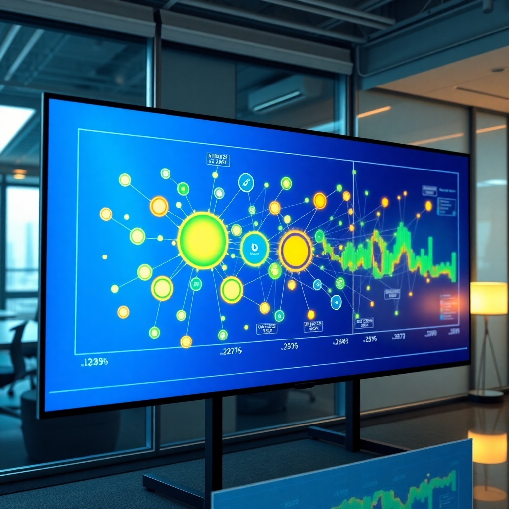 A photorealistic image showing a diverse portfolio chart visualized as a vibrant and interconnected network of assets. Different asset classes are represented by distinct, glowing nodes, with lines indicating relationships and dependencies. The chart is displayed on a large screen in a modern office environment, reflecting a professional and analytical approach to investment management. The lighting is soft and focused, highlighting the details of the chart. The color palette consists of blues, greens, and golds, conveying stability and prosperity.