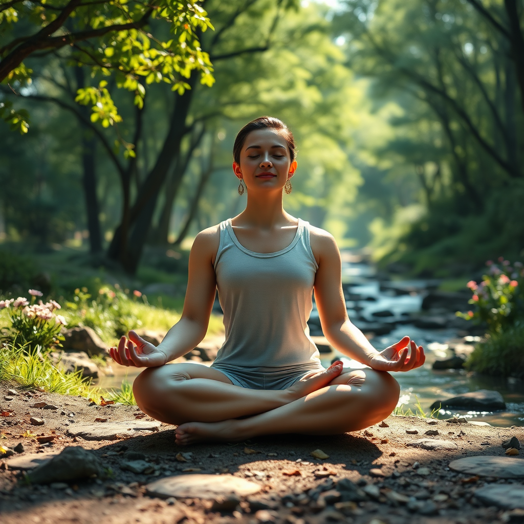 A photorealistic image showing a person meditating in a peaceful natural setting, surrounded by lush greenery and soft sunlight. The person is in a seated position with their eyes closed, radiating serenity and inner peace. The background features a blend of trees, flowers, and a gentle stream, creating a sense of harmony and balance. The color palette is dominated by greens, blues, and earthy tones, reflecting the healing power of nature. Lighting is soft and diffused, enhancing the feeling of tranquility. The camera angle is slightly low, emphasizing the connection between the person and the natural environment. Technical Specs: 4K resolution, high-quality rendering.