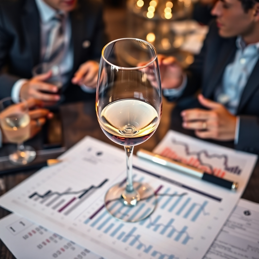 A photorealistic overhead shot of a wine glass positioned atop financial documents displaying upward trending graphs. The background includes blurred figures in suits discussing strategies at a high profile cocktail event.