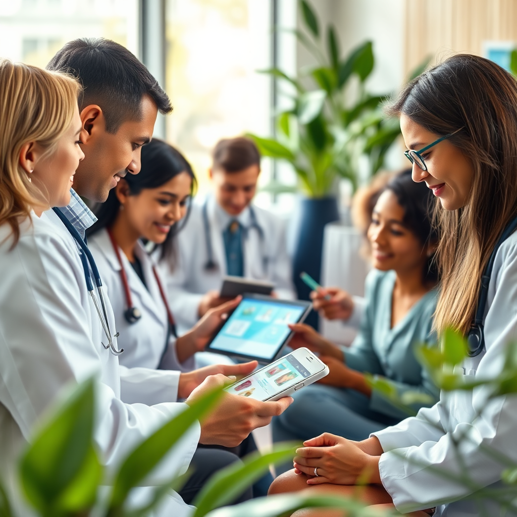 A photorealistic, ultra-high-quality header image depicting a serene and inviting learning environment. The scene should showcase a blend of natural elements (soft sunlight, green plants) and modern technology (tablets displaying medical diagrams). Focus on a diverse group of individuals – doctors, students, and patients – engaged in a collaborative learning session. The composition should be balanced, with a soft depth of field, drawing the viewer's eye towards the center where interaction is happening. The color palette should be warm and natural, using earthy tones and gentle blues and greens to convey a sense of calm and trust. Lighting should be soft and diffused, creating a welcoming atmosphere. Use a slightly low camera angle to emphasize the importance and engagement of the participants. Pay attention to texture details in the plants, skin tones, and digital displays. The environment should suggest a modern, well-designed educational space. Style: a blend of modern realism and biophilic design. Technical Specs: 8K resolution, hyperrealistic rendering.