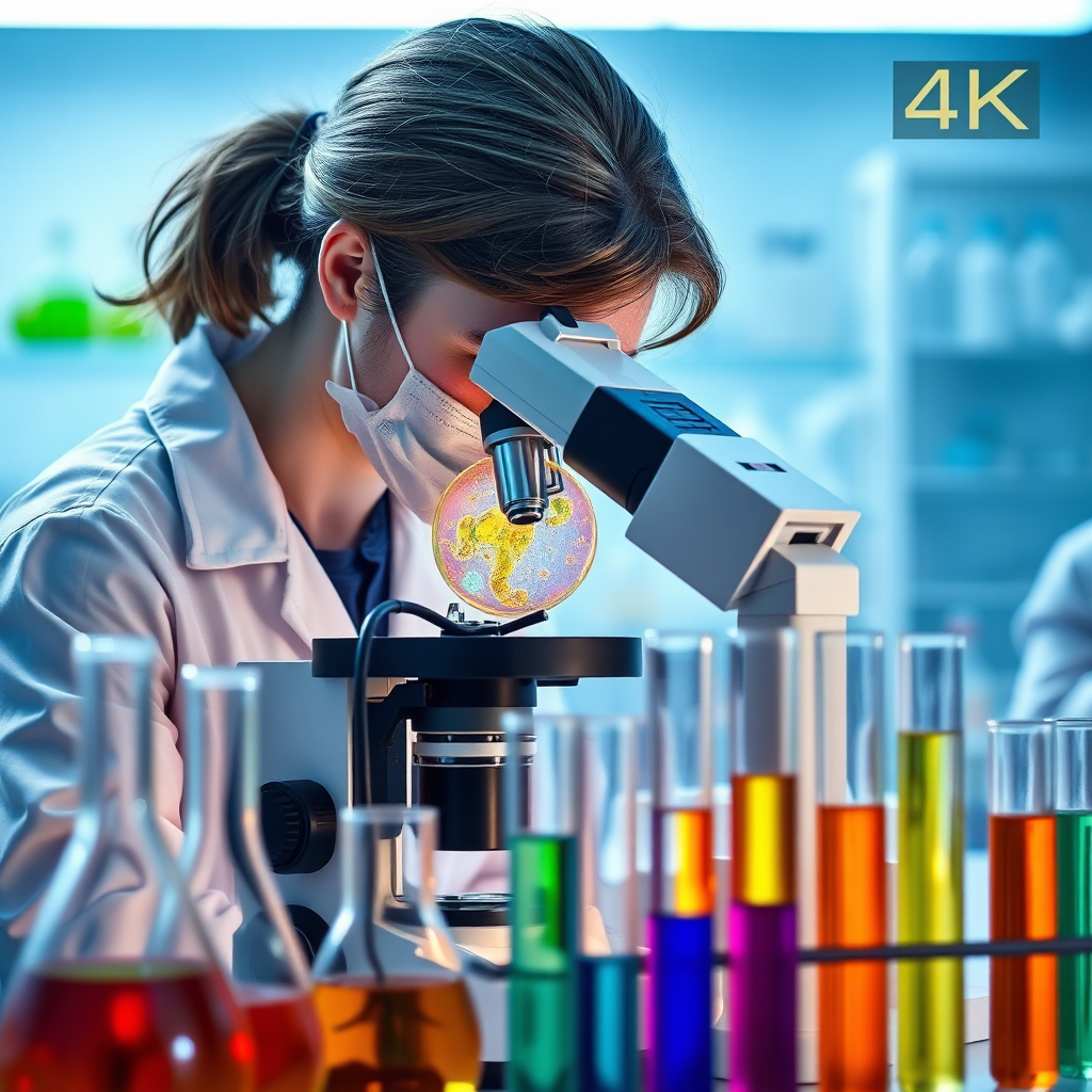A scientist peering through a microscope, observing a complex cellular structure. The microscope is surrounded by beakers and test tubes filled with colorful liquids. The background is a sterile laboratory. The lighting is bright and focused. The color palette is predominantly blue and white with accents of green and orange. Inspired by scientific photography. 4k resolution.