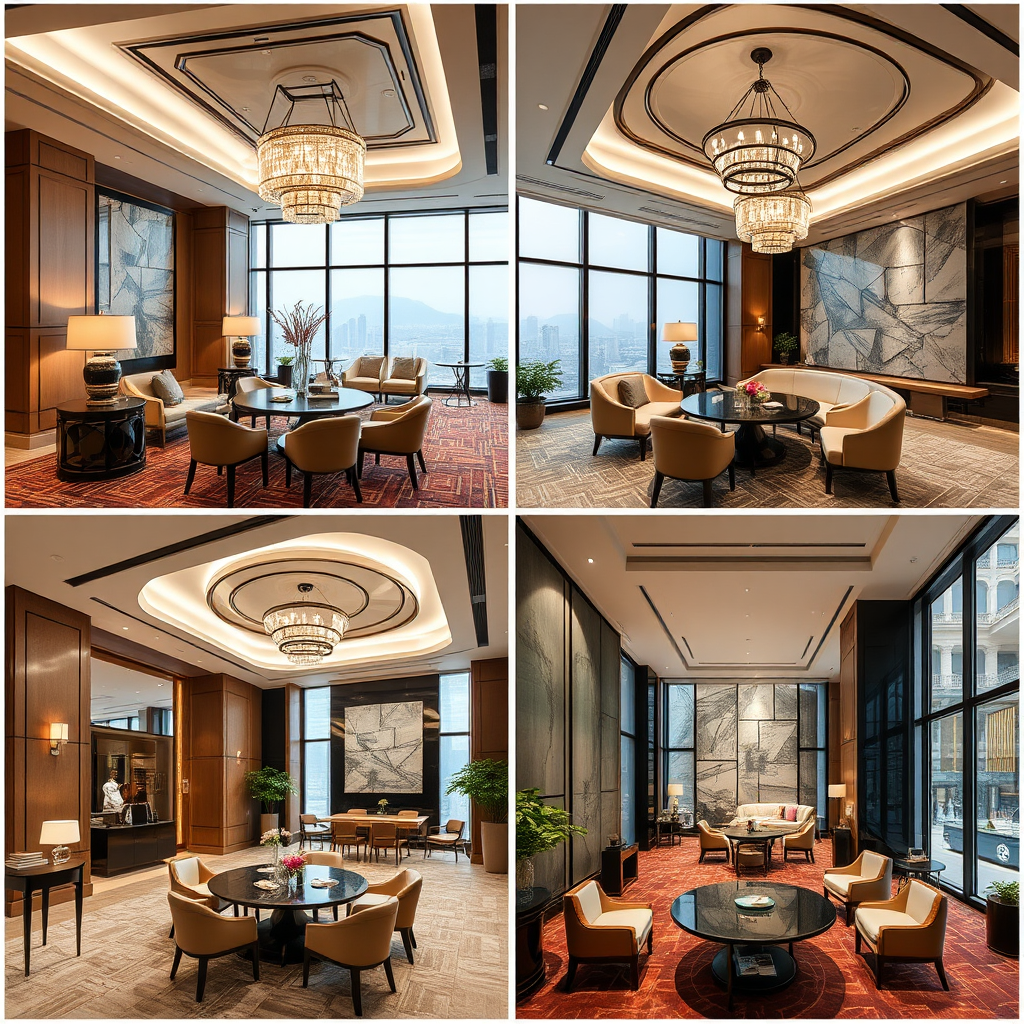 A series of interior photographs showcasing different spaces within the Rockefeller China Guangzhou Club. The photographs should highlight the club's elegant design, luxurious furnishings, and sophisticated atmosphere. The overall effect should be visually appealing and convey the club's unique character.