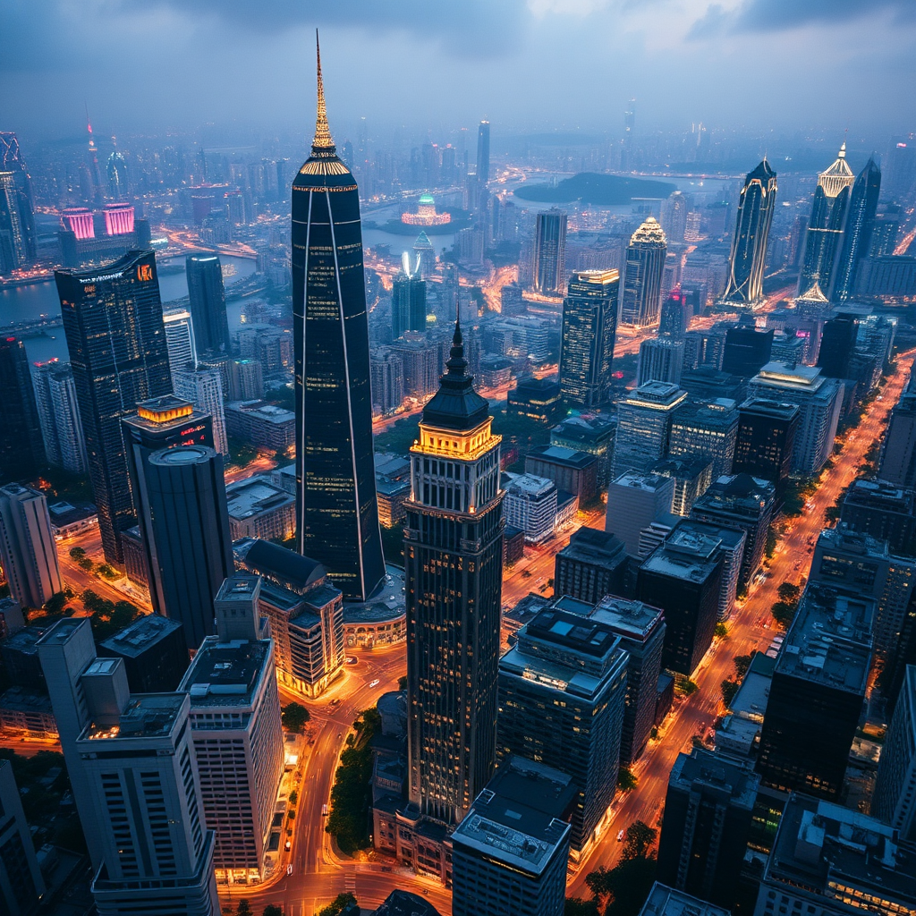 A sophisticated aerial view of Guangzhou's skyline at night, with the Rockefeller China Guangzhou Club highlighted prominently. The club's location should suggest centrality and prominence within the city. The lighting should emphasize the club's elegance and exclusivity. The image conveys the club's role as a focal point for Guangzhou's elite.