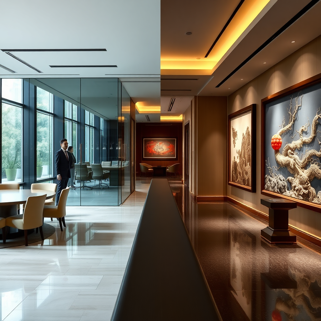 A split-screen image. On one side, a modern business meeting in a sleek, glass-walled conference room. On the other side, an elegant art gallery showcasing traditional Chinese art. The two sides are subtly connected by a bridge or pathway, symbolizing the intersection of business and culture at the Rockefeller China Guangzhou Club.
