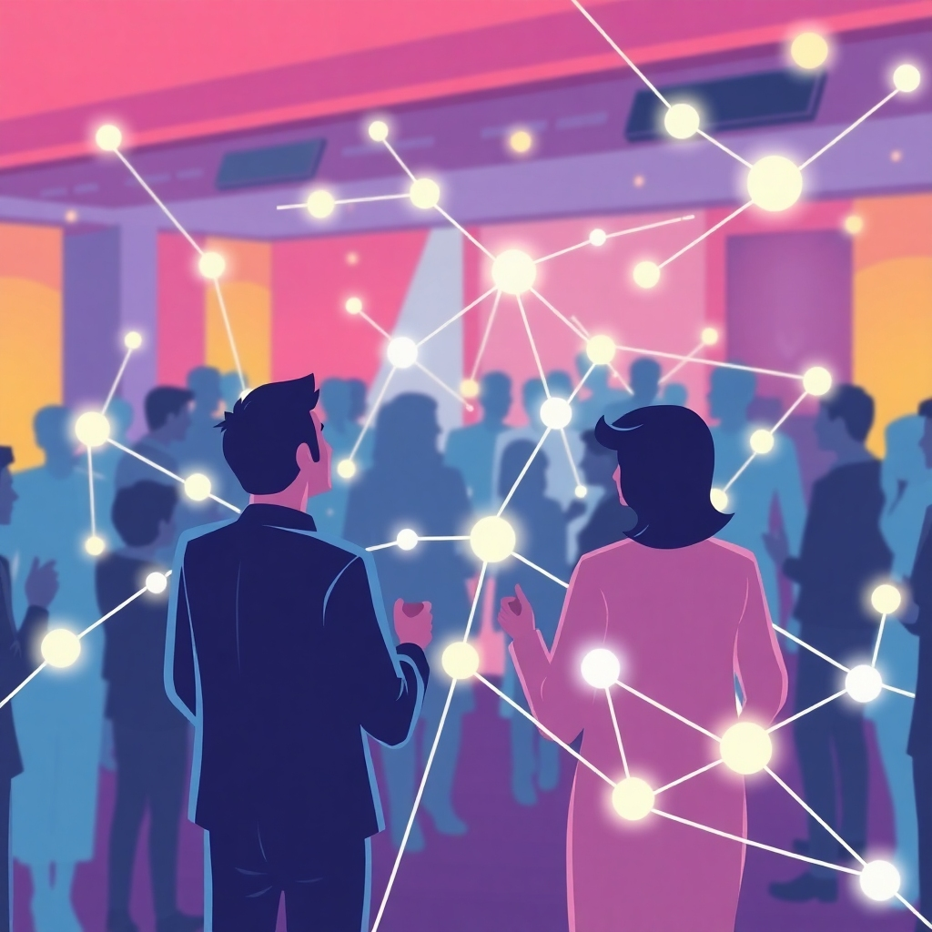 A stylized illustration depicting interconnected nodes representing investors, glowing lines connect them within a vibrant party setting. The lines represent the flow of information and capital. The colour palette is energetic and modern.