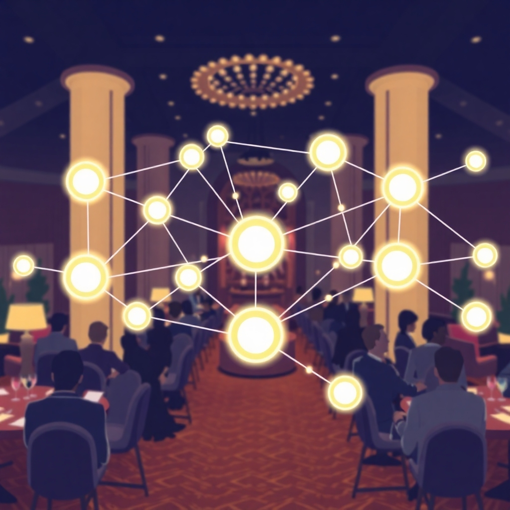A stylized illustration depicting a network of connections between investors represented as glowing points, all interconnected and forming a dynamic web within a luxurious venue setting.