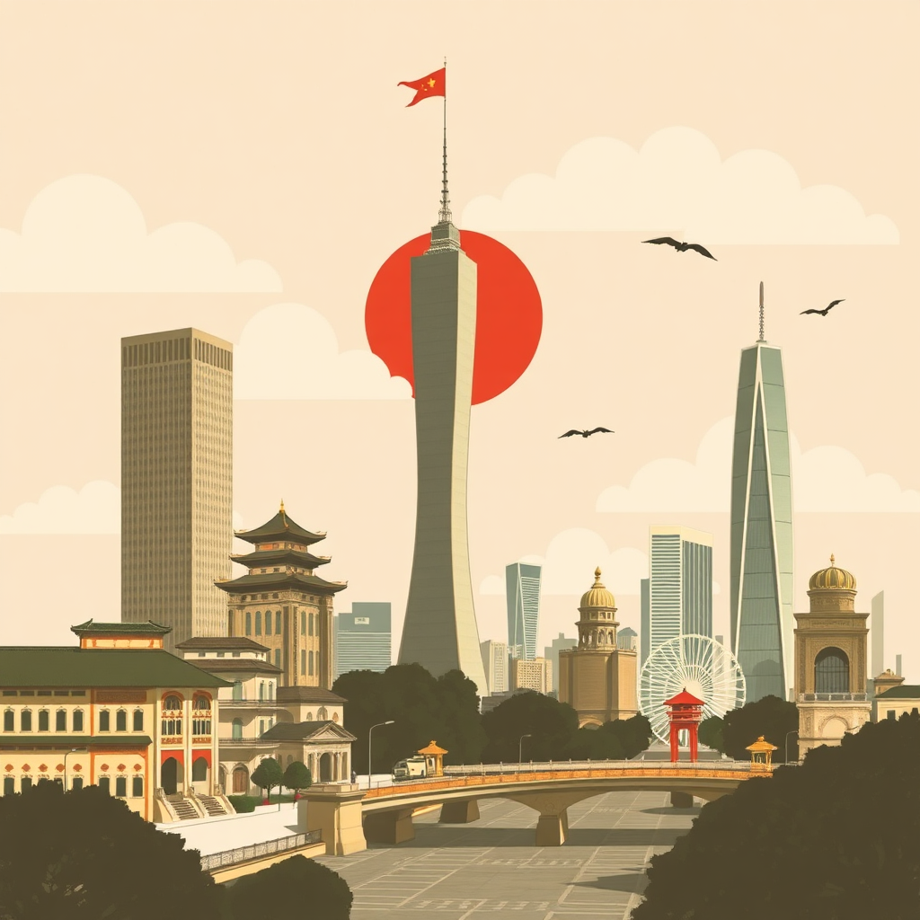 A stylized illustration juxtaposing historical images of old Guangzhou with modern landmarks. The color palette should be sepia-toned, with pops of vibrant color to highlight the city's evolution. The composition should create a sense of nostalgia and historical significance.