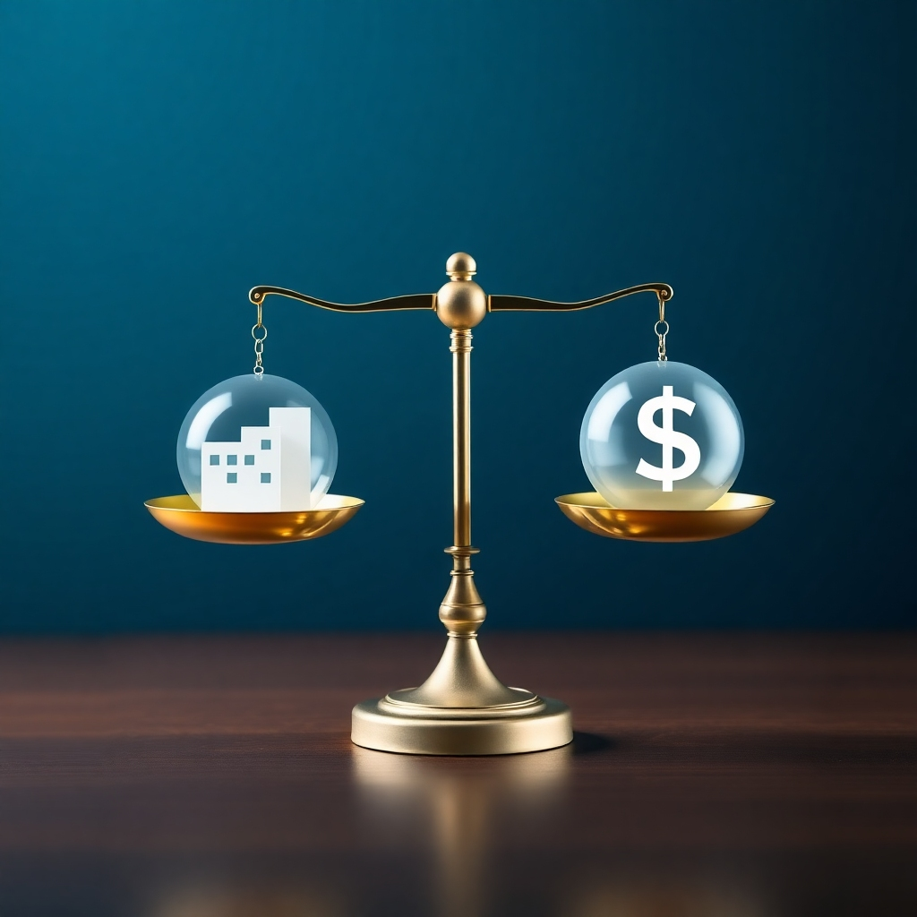A stylized image depicting a balanced scale with financial assets on one side and financial liabilities on the other, symbolizing a financial assessment. The scale is perfectly balanced, representing a stable and healthy financial situation. The lighting is soft and focused, highlighting the details of the scale. The color palette is professional and trustworthy, with shades of blue, green, and white.