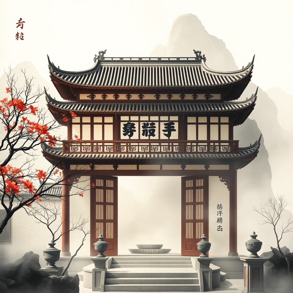 A stylized image depicting a blend of traditional Chinese art (like ink wash paintings) and modern architectural elements. The lighting is soft and diffused, creating a sense of serenity and timelessness. The composition should emphasize the harmonious fusion of old and new, reflecting the club's commitment to cultural heritage.