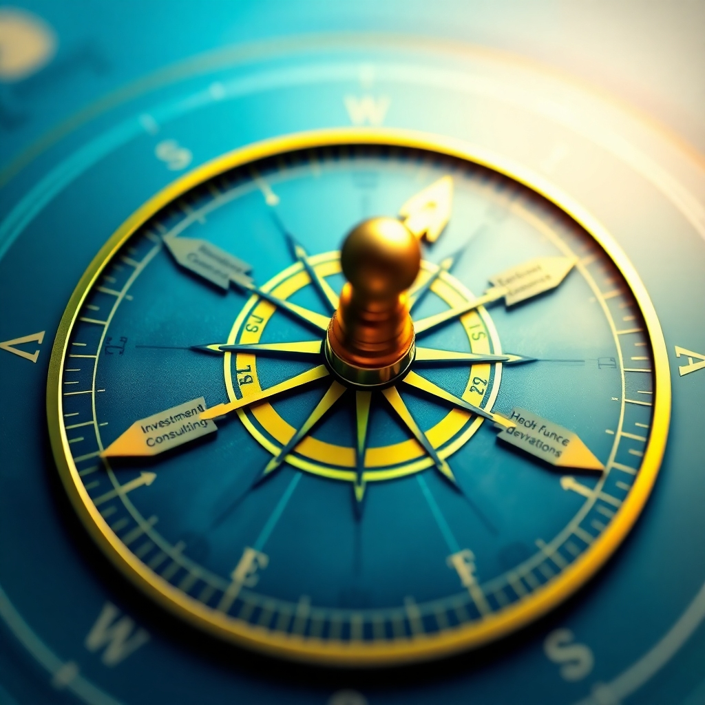 A stylized image depicting a compass with arrows pointing to various financial services, such as investment consulting, hedge fund consulting, and foreign exchange derivatives trading. The compass is brightly lit, symbolizing the comprehensive range of services offered by 亚投财富. The background is blurred, focusing attention on the compass. The color palette is professional and trustworthy, with shades of blue, green, and gold.