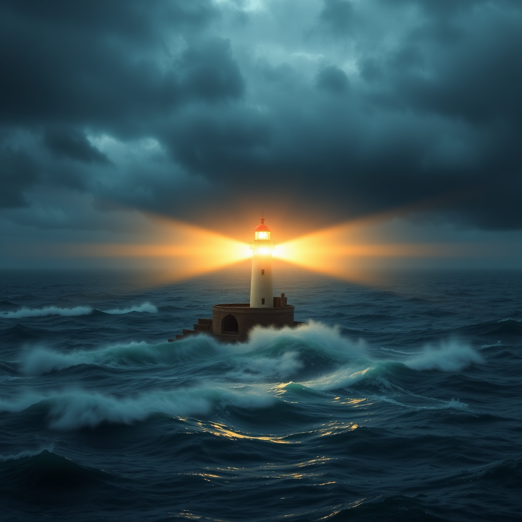 A stylized image of a lighthouse shining brightly against a dark, stormy sea. The lighthouse represents faith, guiding people through difficult times. The light is warm and inviting, offering hope and reassurance. Style: A dramatic and symbolic representation of faith. Technical specs: 4K resolution, high quality, long exposure effect.