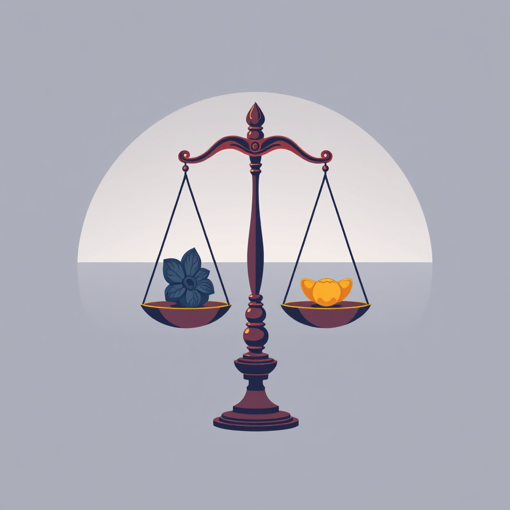A stylized image of a perfectly balanced scale, with truth, goodness, and beauty represented by symbolic objects on each side. The scale is set against a serene background, symbolizing harmony and balance. The objects are brightly colored and intricately detailed. Style: A minimalist and symbolic representation of balance. Technical specs: 4K resolution, high quality, vector graphics style.