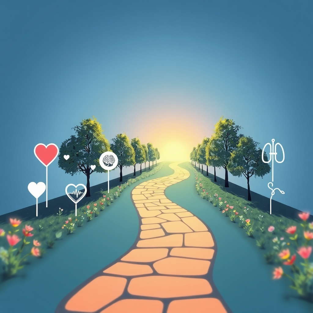 A stylized image of a winding path leading to a bright, sunlit destination. Along the path are various symbols representing different aspects of health, such as a heart, brain, and lungs. The path is lined with trees and flowers, creating a sense of hope and renewal. The camera angle is from a low perspective, emphasizing the length of the journey. Technical Specs: 4K resolution.