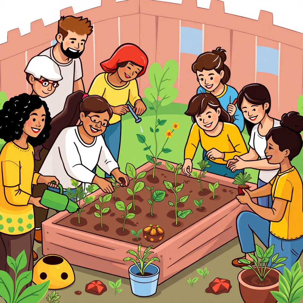A stylized image of diverse people working together to build a community garden. They are planting seeds, watering plants, and sharing tools. The garden represents growth and collaboration. Bright colors and cheerful expressions convey a sense of optimism and community spirit. Style: A modern, graphic representation of community involvement. Technical specs: 4K resolution, high quality, vector graphics style.