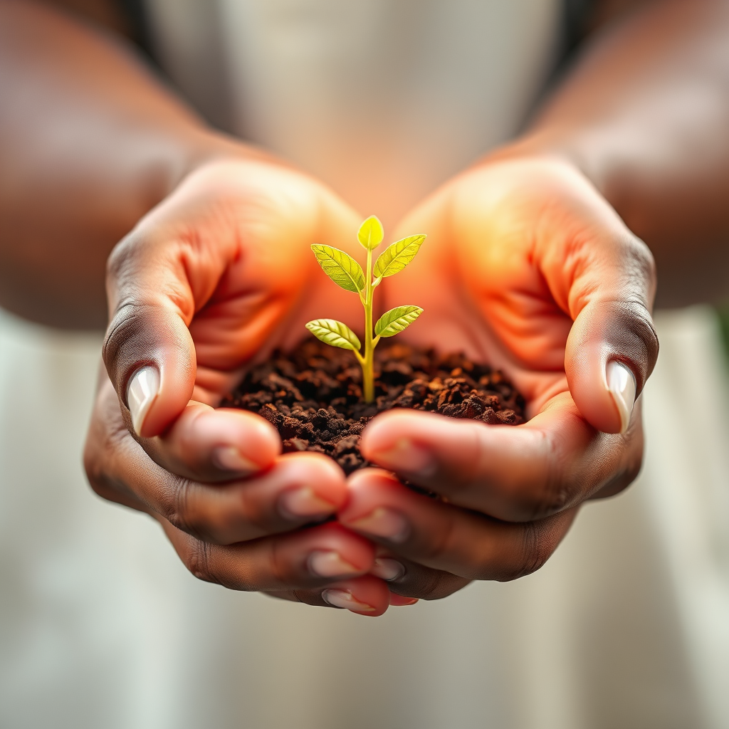 A stylized image of hands gently cupping a seedling, representing the nurturing of goodness. The hands are diverse in skin tone, symbolizing universal compassion. Soft, warm light emanates from the seedling, casting a gentle glow on the hands. The background is blurred, focusing attention on the act of kindness. Style: Soft, pastel colors and gentle gradients. Technical specs: 4K resolution, high quality, shallow depth of field.
